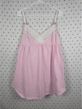 Victorias Secret Pink Striped Eyelet Soft Sleep Dress Nightie Gown Slip MEDIUM